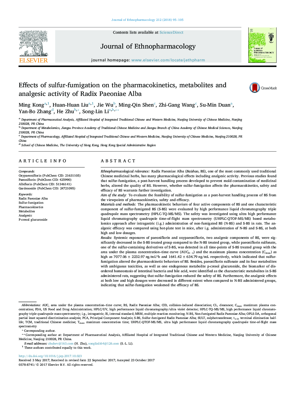 Effects of sulfur-fumigation on the pharmacokinetics, metabolites and analgesic activity of Radix Paeoniae Alba