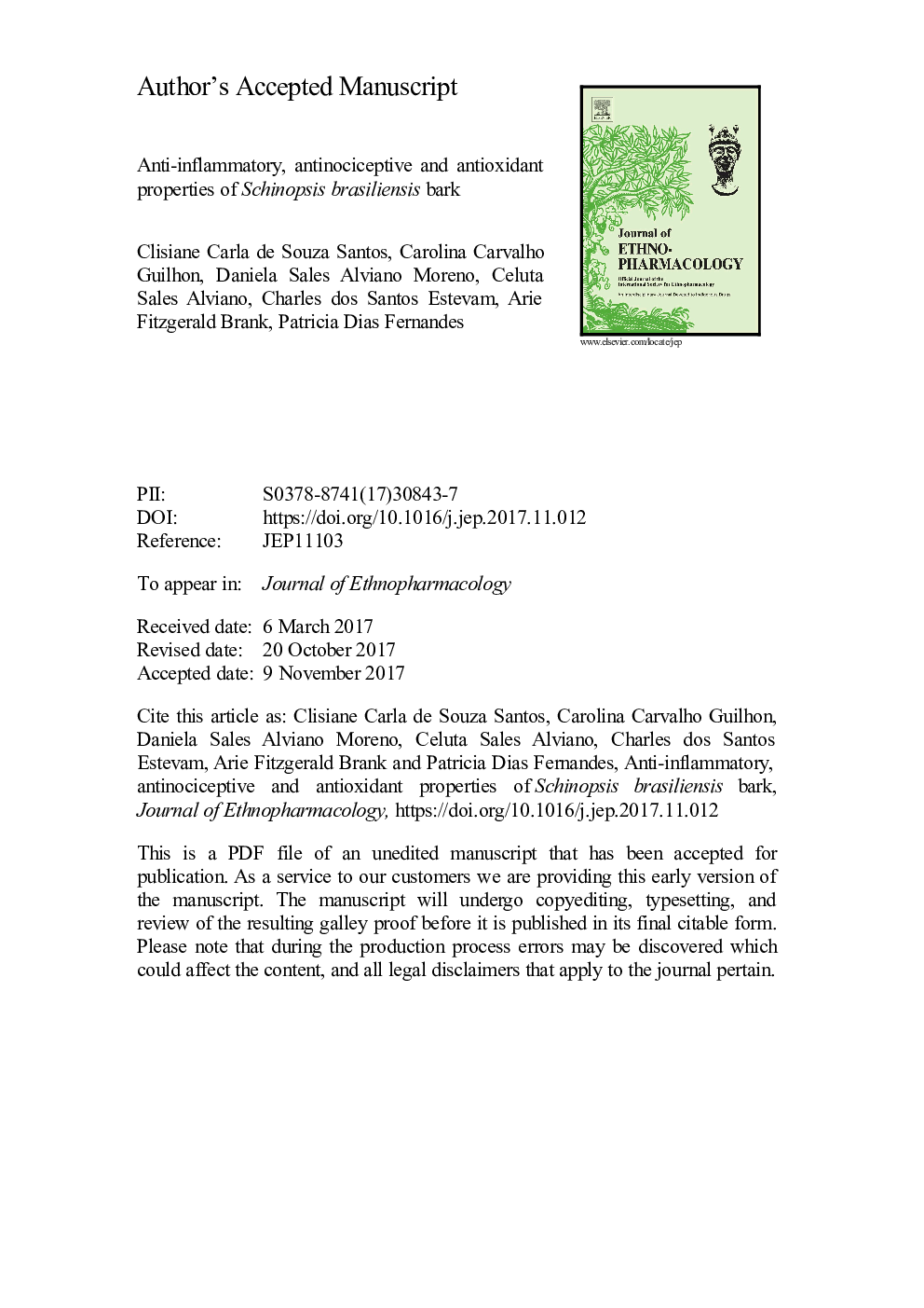 Anti-inflammatory, antinociceptive and antioxidant properties of Schinopsis brasiliensis bark