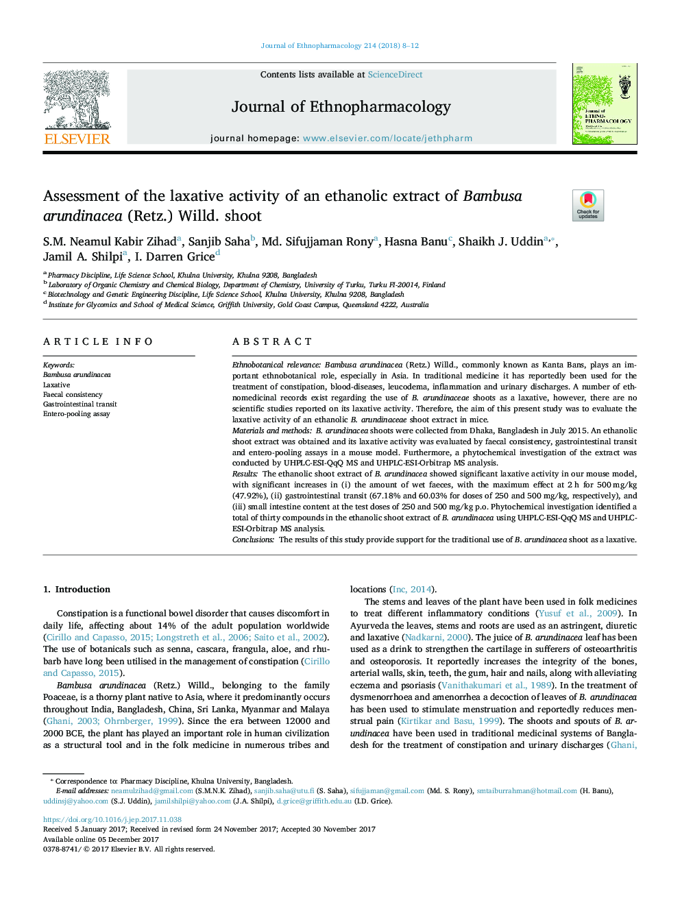 Assessment of the laxative activity of an ethanolic extract of Bambusa arundinacea (Retz.) Willd. shoot