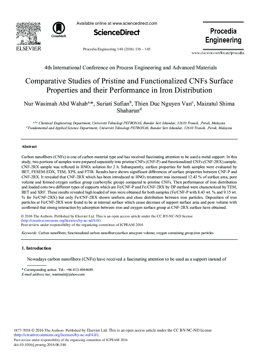 Comparative Studies of Pristine and Functionalized CNFs Surface Properties and their Performance in Iron Distribution