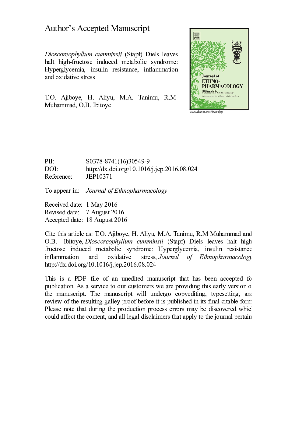 Dioscoreophyllum cumminsii (Stapf) Diels leaves halt high-fructose induced metabolic syndrome: Hyperglycemia, insulin resistance, inflammation and oxidative stress