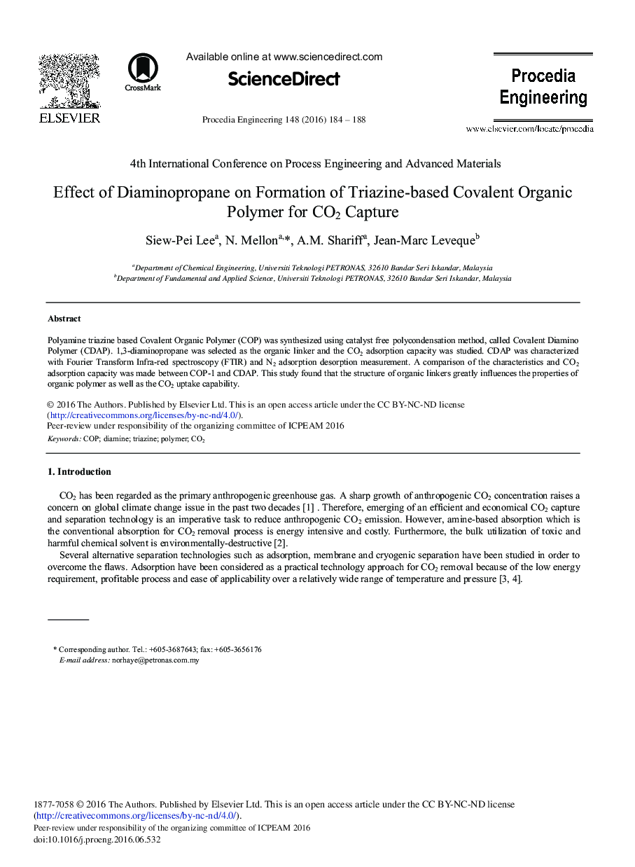 Effect of Diaminopropane on Formation of Triazine-based Covalent Organic Polymer for CO2 Capture 