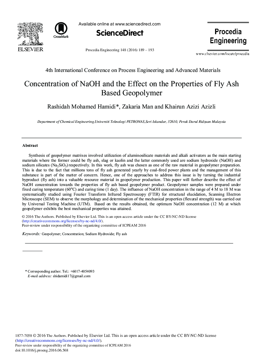 Concentration of NaOH and the Effect on the Properties of Fly Ash Based Geopolymer 