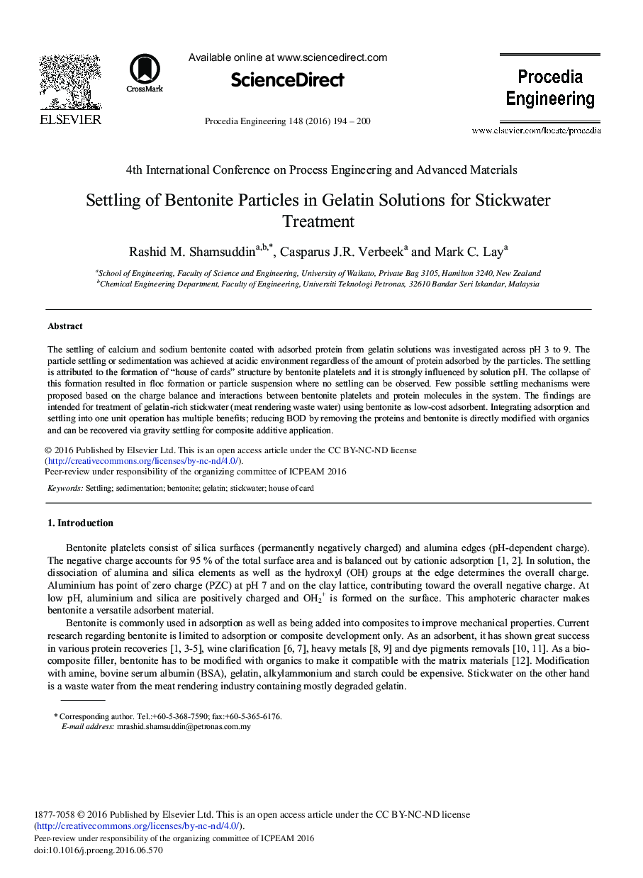 Settling of Bentonite Particles in Gelatin Solutions for Stickwater Treatment 