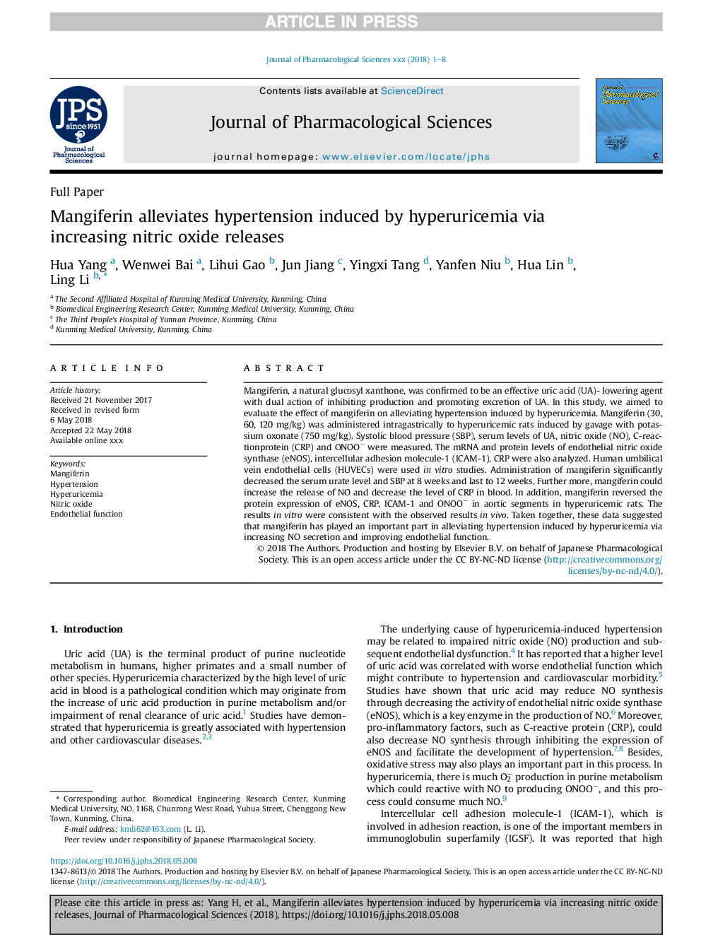 Mangiferin alleviates hypertension induced by hyperuricemia via increasing nitric oxide releases