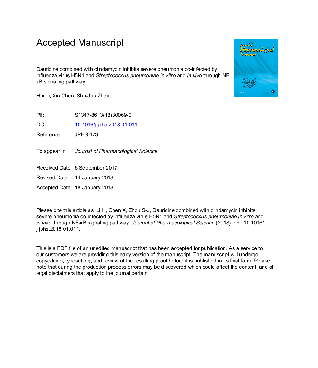 Dauricine combined with clindamycin inhibits severe pneumonia co-infected by influenza virus H5N1 and Streptococcus pneumoniae inÂ vitro and inÂ vivo through NF-ÎºB signaling pathway