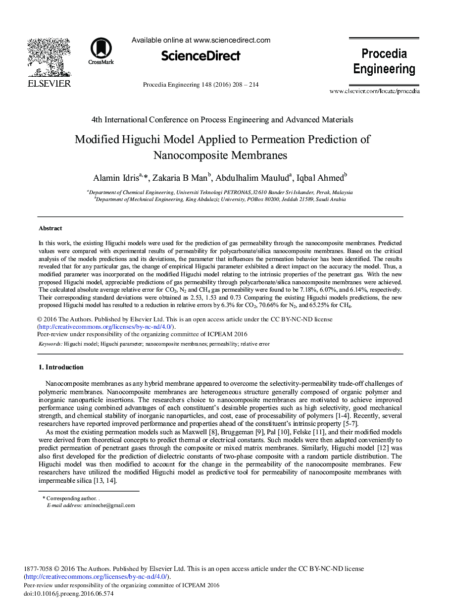 Modified Higuchi Model Applied to Permeation Prediction of Nanocomposite Membranes