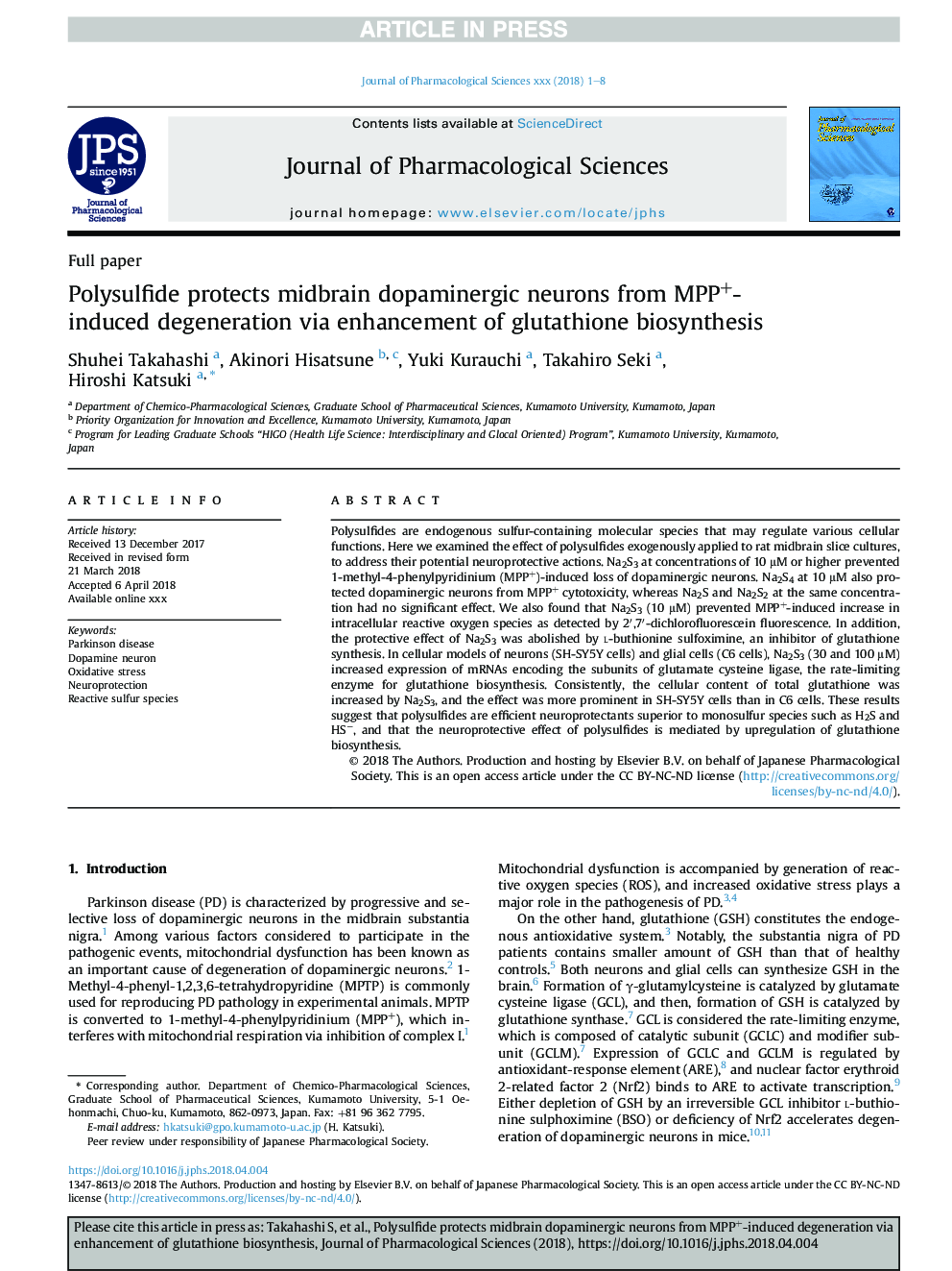 Polysulfide protects midbrain dopaminergic neurons from MPP+-induced degeneration via enhancement of glutathione biosynthesis