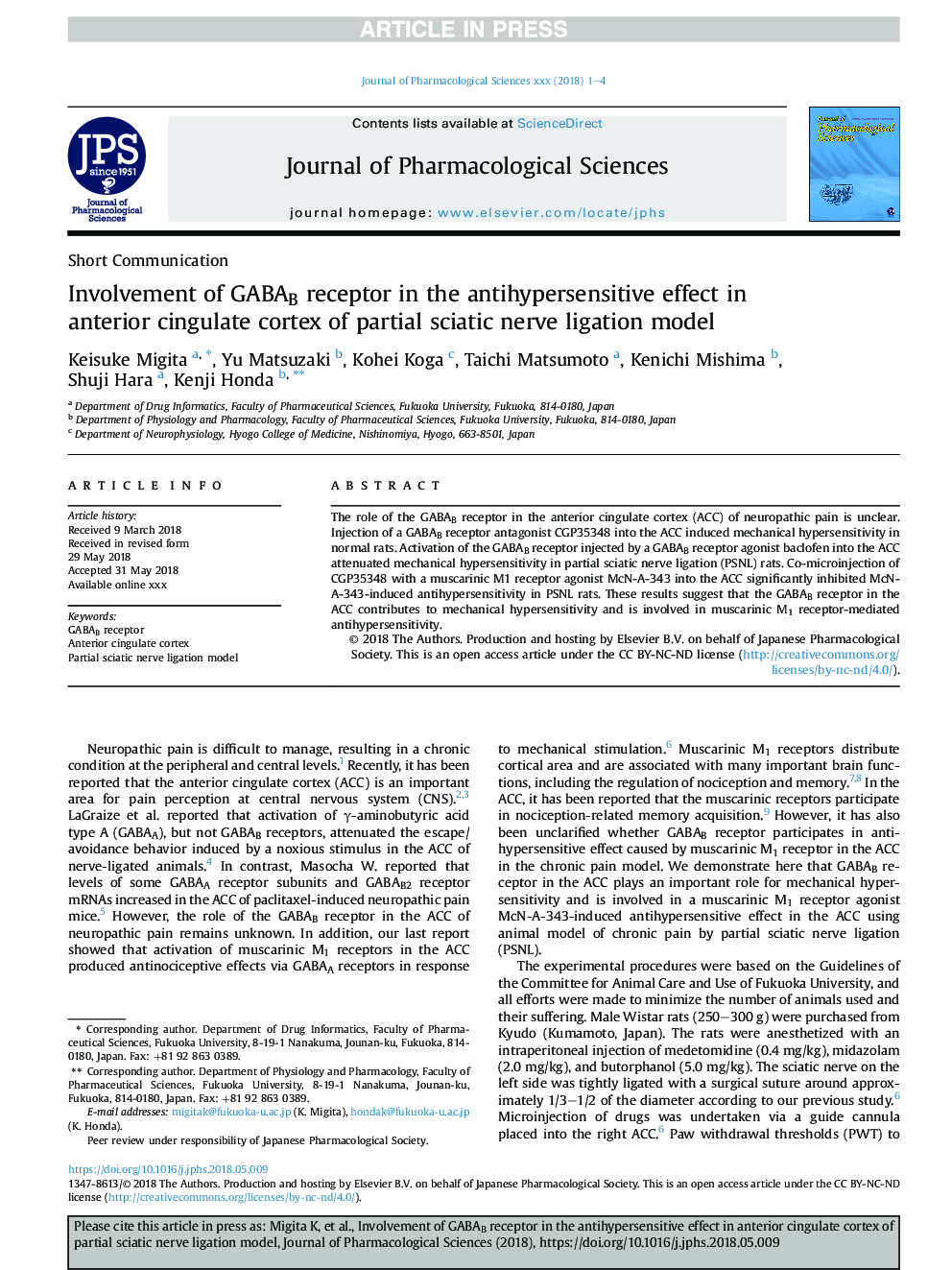 Involvement of GABAB receptor in the antihypersensitive effect in anterior cingulate cortex of partial sciatic nerve ligation model