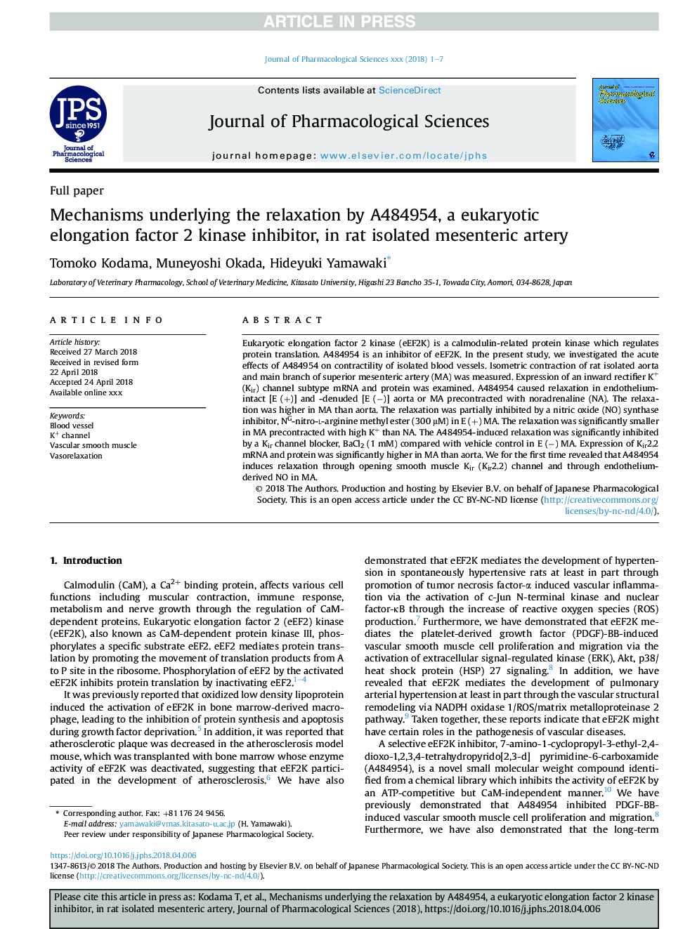 Mechanisms underlying the relaxation by A484954, a eukaryotic elongation factor 2 kinase inhibitor, in rat isolated mesenteric artery