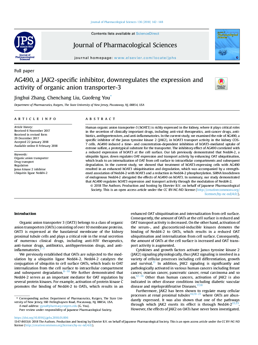 AG490, a JAK2-specific inhibitor, downregulates the expression and activity of organic anion transporter-3