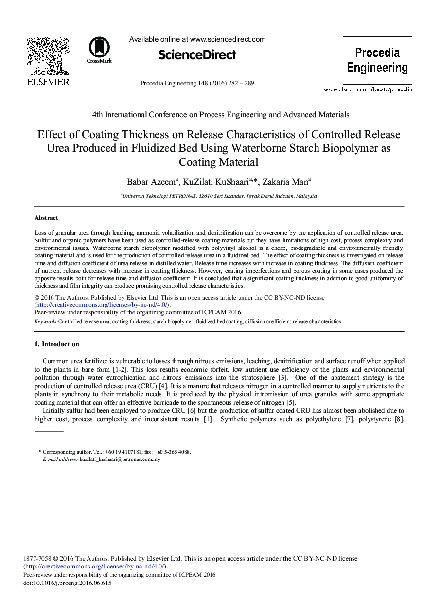 Effect of Coating Thickness on Release Characteristics of Controlled Release Urea Produced in Fluidized Bed Using Waterborne Starch Biopolymer as Coating Material 