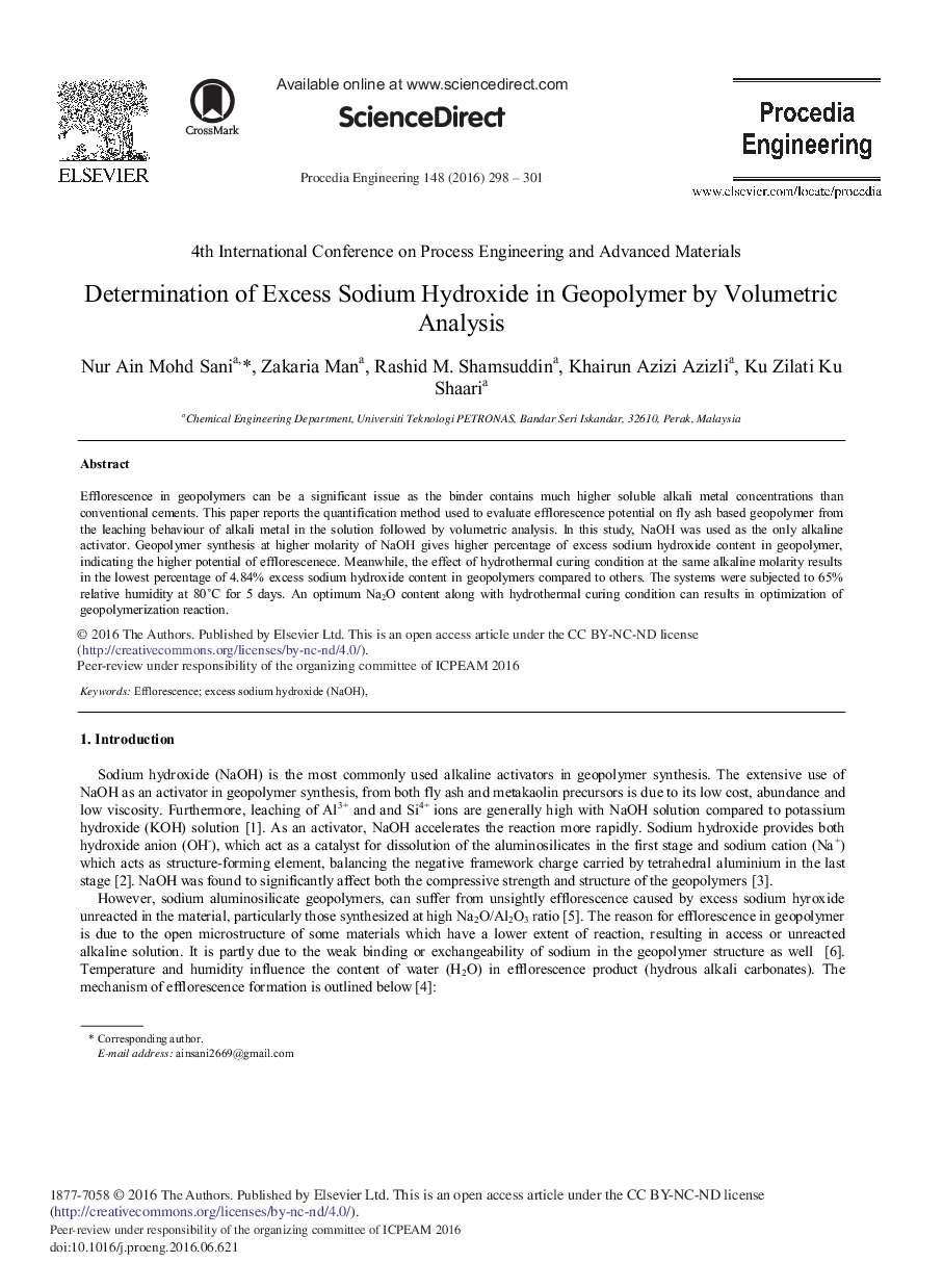 Determination of Excess Sodium Hydroxide in Geopolymer by Volumetric Analysis