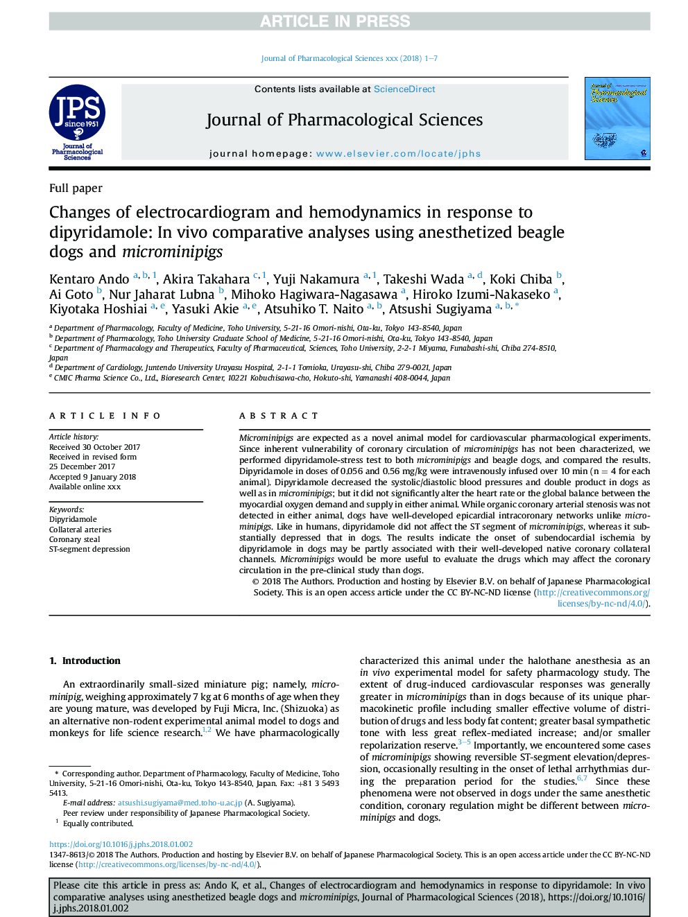 Changes of electrocardiogram and hemodynamics in response to dipyridamole: InÂ vivo comparative analyses using anesthetized beagle dogs and microminipigs