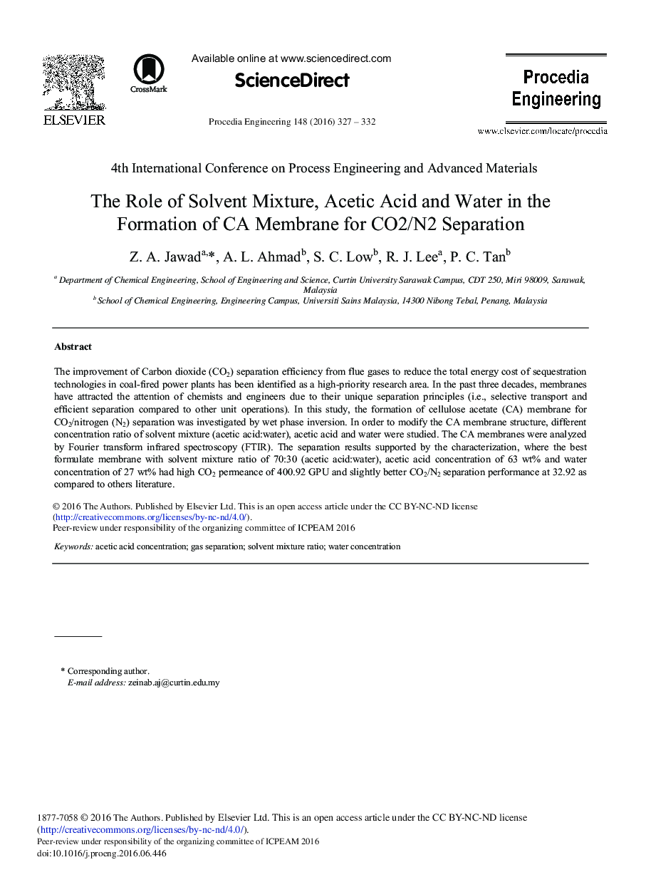 The Role of Solvent Mixture, Acetic Acid and Water in the Formation of CA Membrane for CO2/N2 Separation 