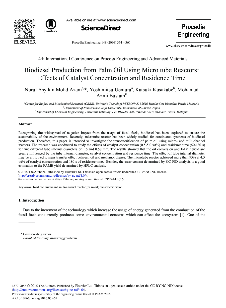 Biodiesel Production from Palm Oil Using Micro Tube Reactors: Effects of Catalyst Concentration and Residence Time 