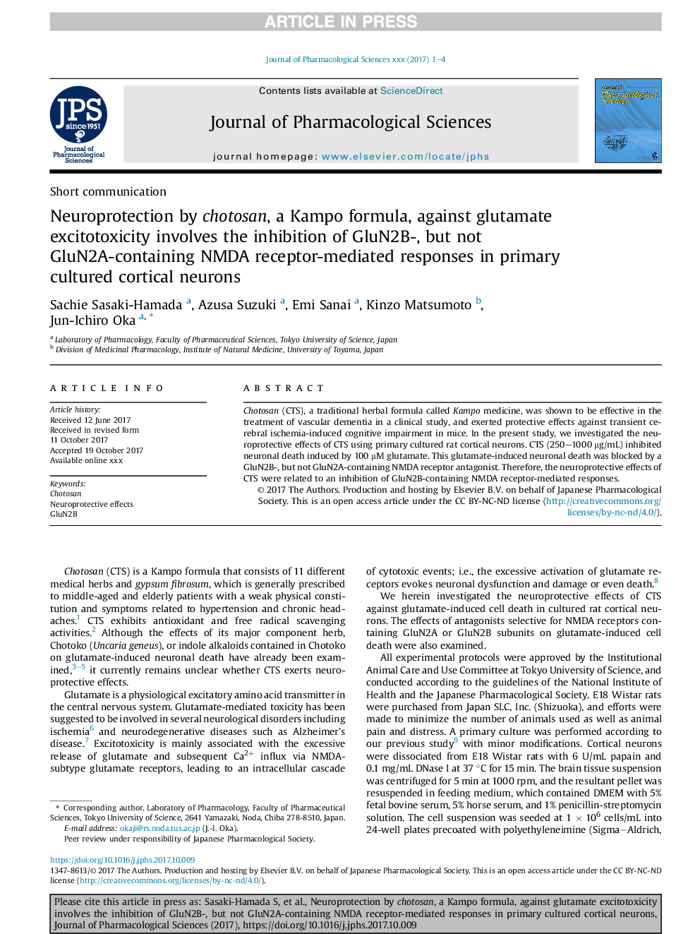 Neuroprotection by chotosan, a Kampo formula, against glutamate excitotoxicity involves the inhibition of GluN2B-, but not GluN2A-containing NMDA receptor-mediated responses in primary cultured cortical neurons