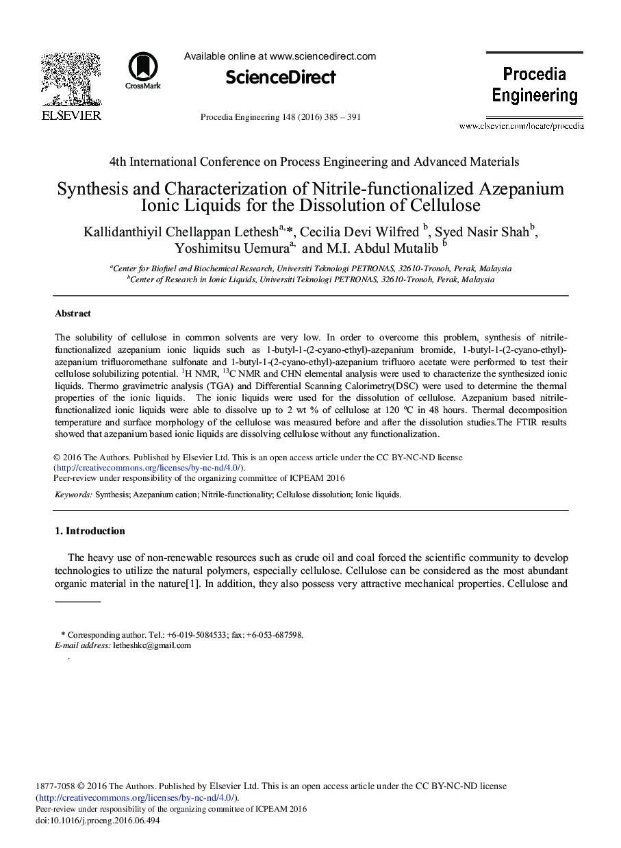 Synthesis and Characterization of Nitrile-functionalized Azepanium Ionic Liquids for the Dissolution of Cellulose 