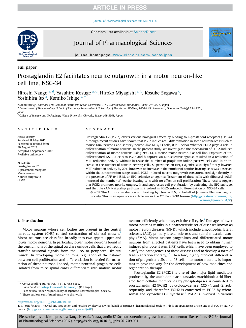 Prostaglandin E2 facilitates neurite outgrowth in a motor neuron-like cell line, NSC-34