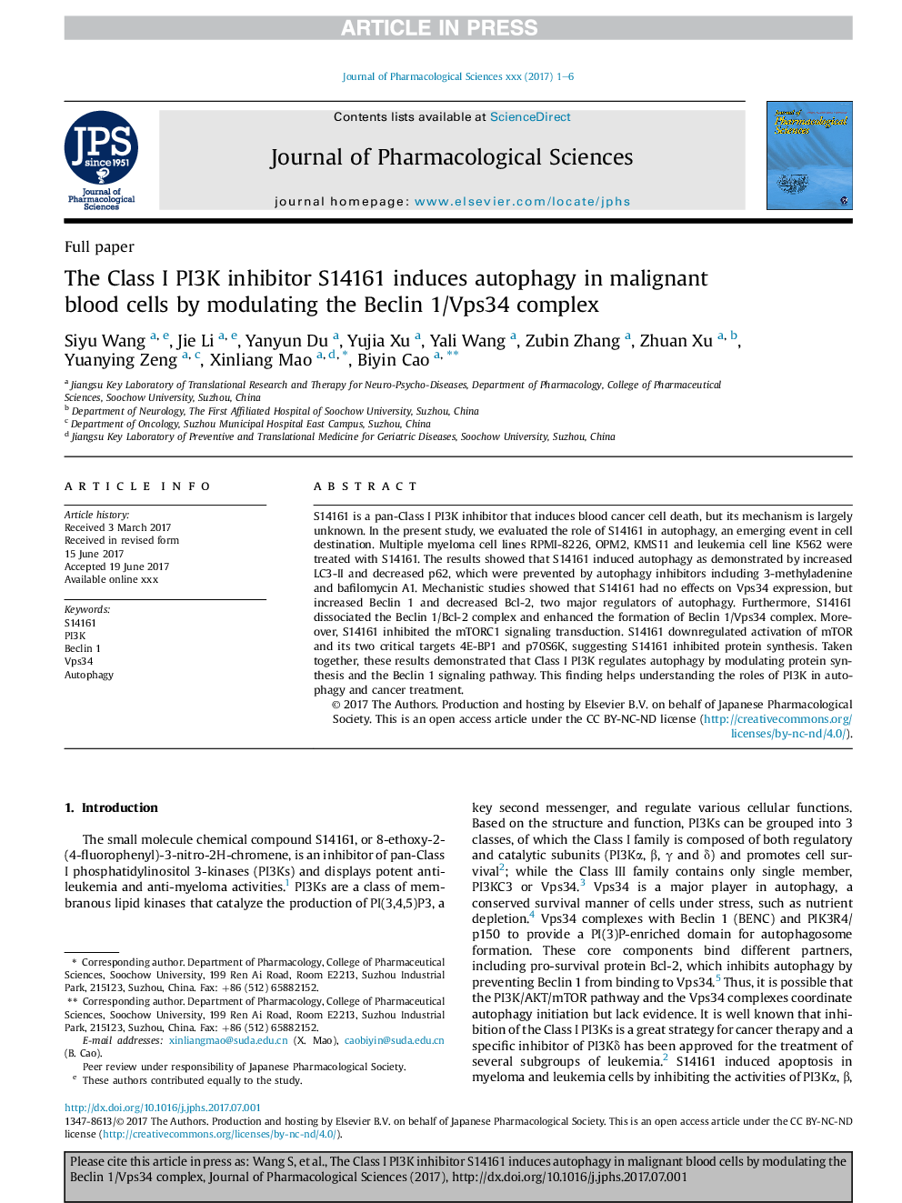 The Class I PI3K inhibitor S14161 induces autophagy in malignant blood cells by modulating the Beclin 1/Vps34 complex