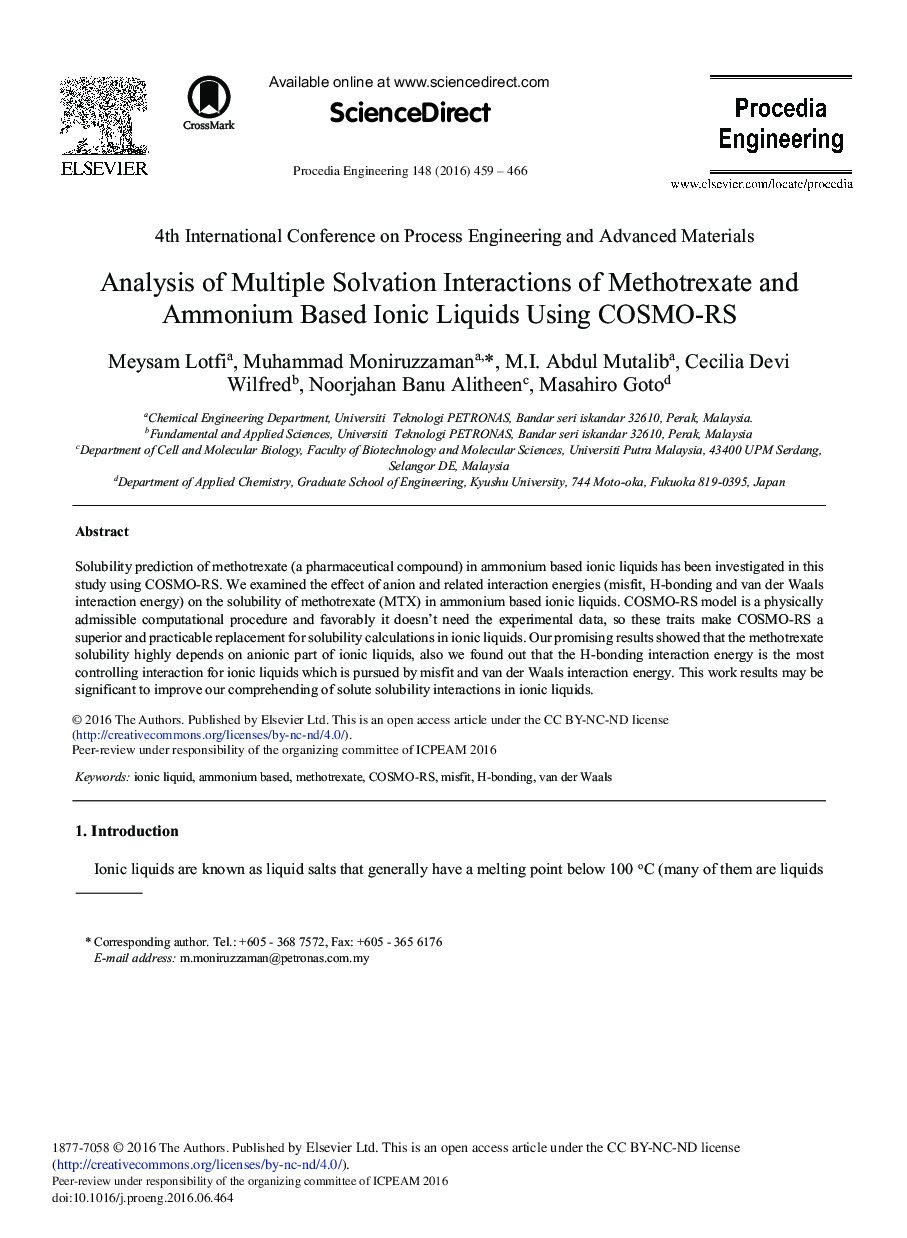 Analysis of Multiple Solvation Interactions of Methotrexate and Ammonium Based Ionic Liquids Using COSMO-RS 