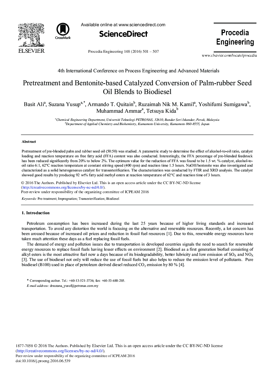 Pretreatment and Bentonite-based Catalyzed Conversion of Palm-rubber Seed Oil Blends to Biodiesel 