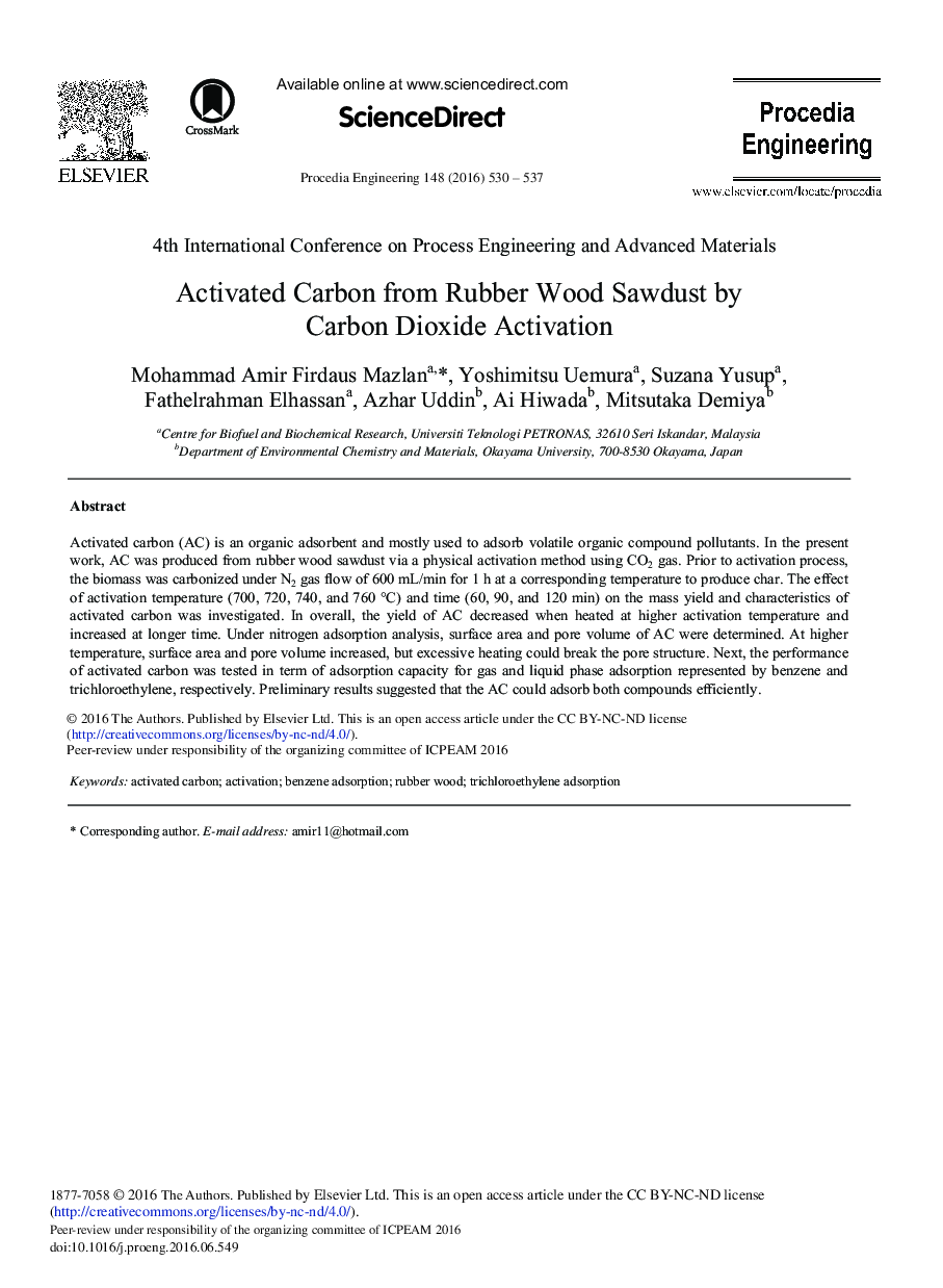 کربن فعال از خاک اره چوب لاستیک توسط فعال سازی دی اکسید کربن 