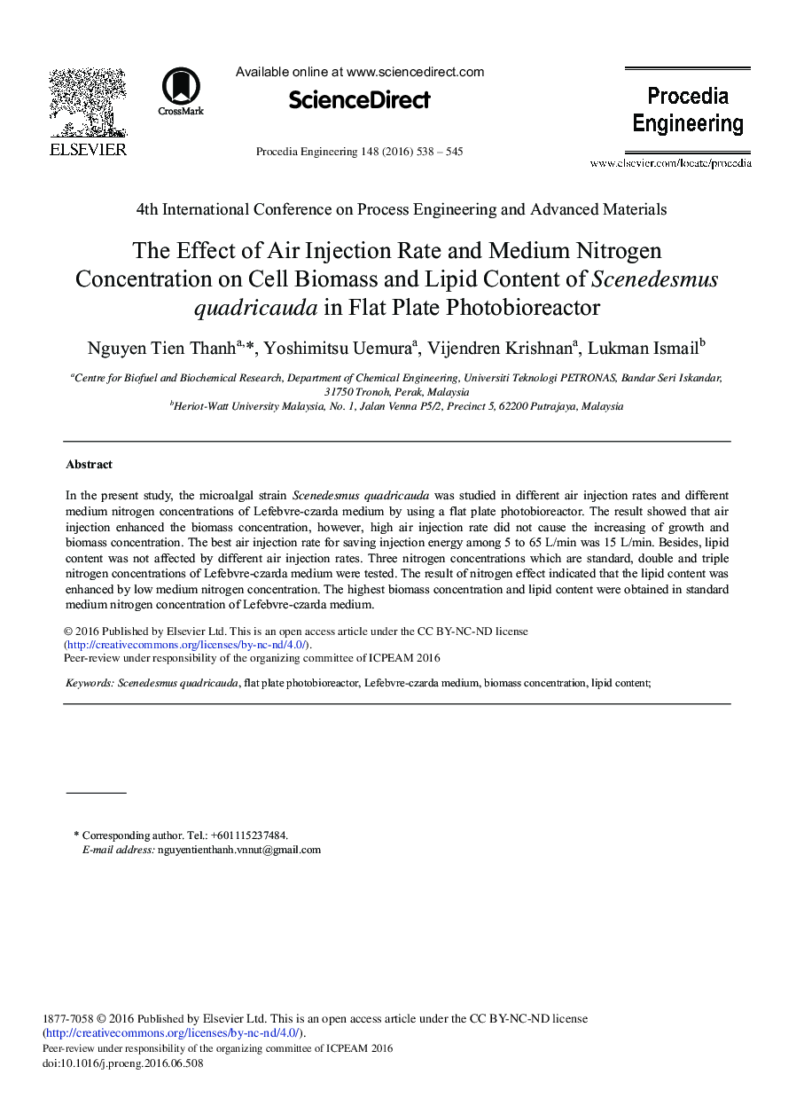 The Effect of Air Injection Rate and Medium Nitrogen Concentration on Cell Biomass and Lipid Content of Scenedesmus Quadricauda in Flat Plate Photobioreactor