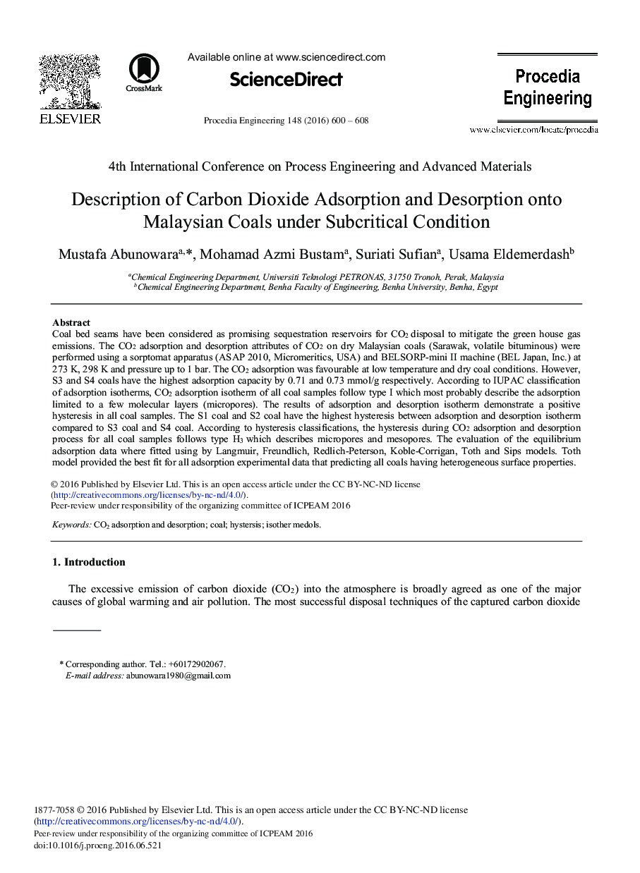 Description of Carbon Dioxide Adsorption and Desorption onto Malaysian Coals under Subcritical Condition