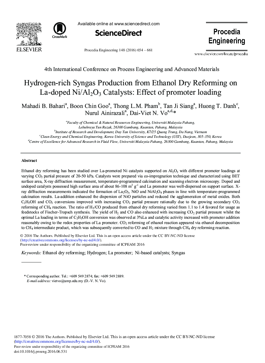 Hydrogen-rich Syngas Production from Ethanol Dry Reforming on La-doped Ni/Al2O3 Catalysts: Effect of Promoter Loading 