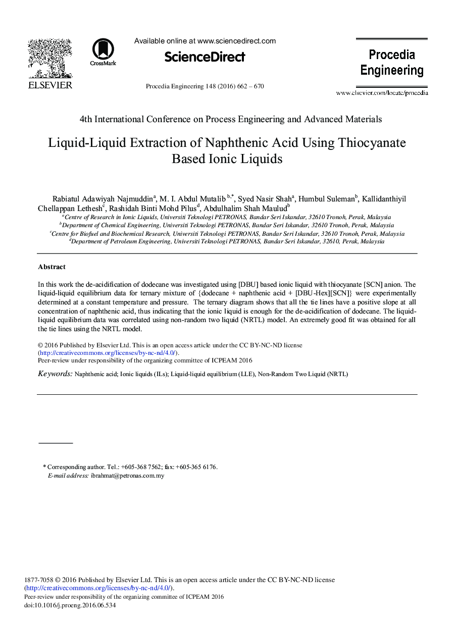 Liquid-Liquid Extraction of Naphthenic Acid Using Thiocyanate Based Ionic Liquids 