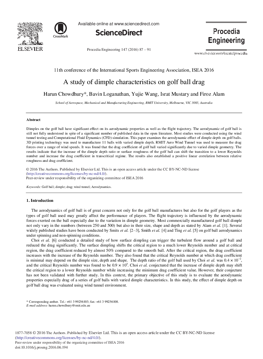 A Study of Dimple Characteristics on Golf Ball Drag