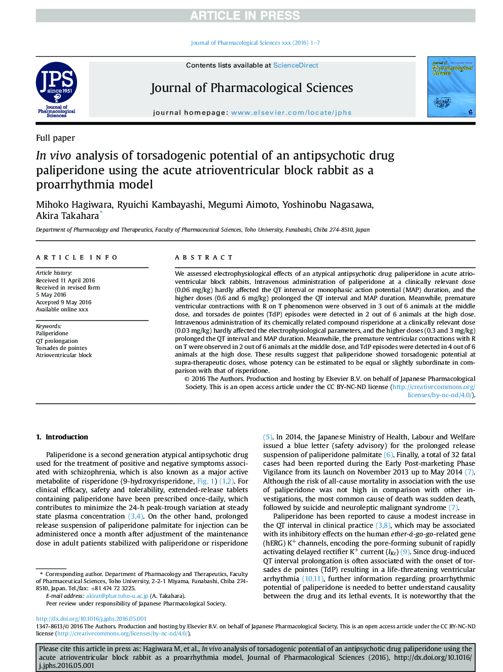 InÂ vivo analysis of torsadogenic potential of an antipsychotic drug paliperidone using the acute atrioventricular block rabbit as a proarrhythmia model