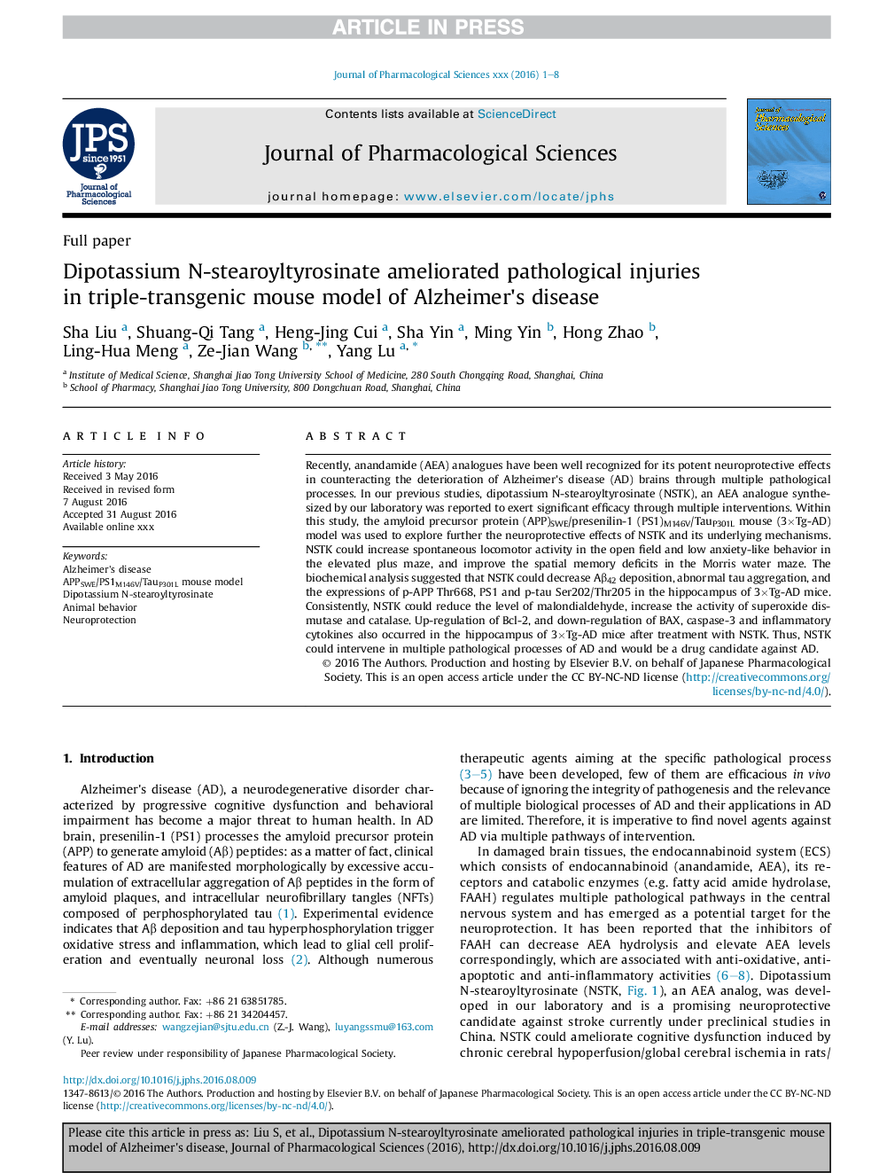 Dipotassium N-stearoyltyrosinate ameliorated pathological injuries inÂ triple-transgenic mouse model of Alzheimer's disease