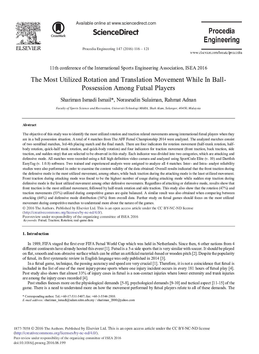 The Most Utilized Rotation and Translation Movement While in Ball-Possession among Futsal Players