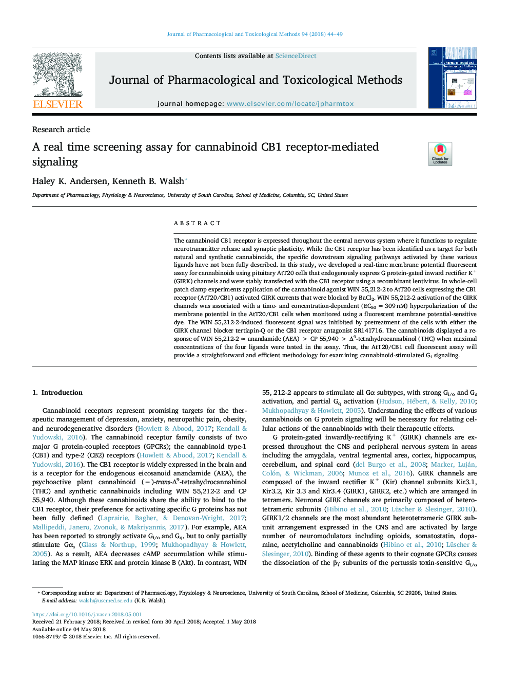 A real time screening assay for cannabinoid CB1 receptor-mediated signaling