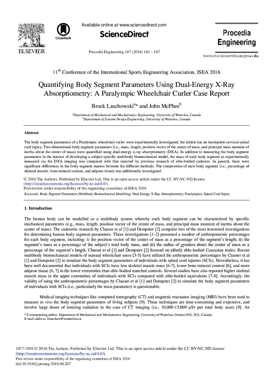 Quantifying Body Segment Parameters Using Dual-Energy X-Ray Absorptiometry: A Paralympic Wheelchair Curler Case Report 