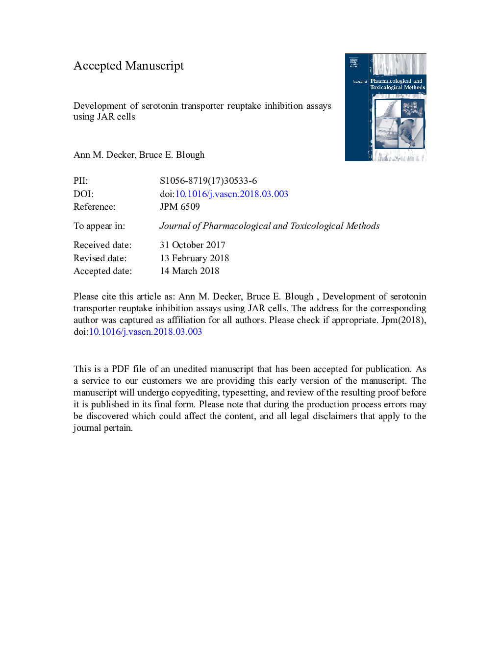 Development of serotonin transporter reuptake inhibition assays using JAR cells