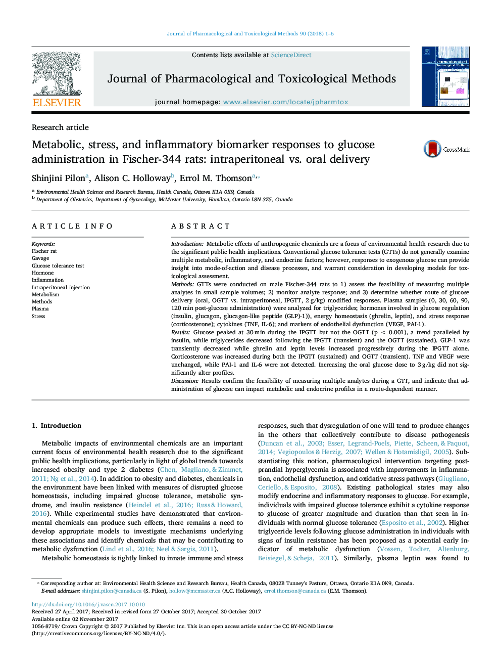 Metabolic, stress, and inflammatory biomarker responses to glucose administration in Fischer-344 rats: intraperitoneal vs. oral delivery