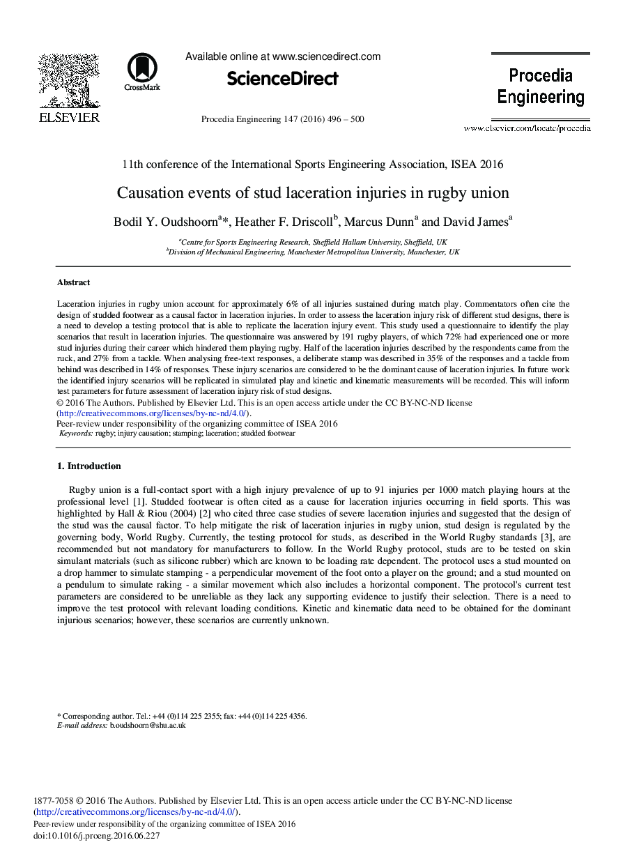 Causation Events of Stud Laceration Injuries in Rugby Union 