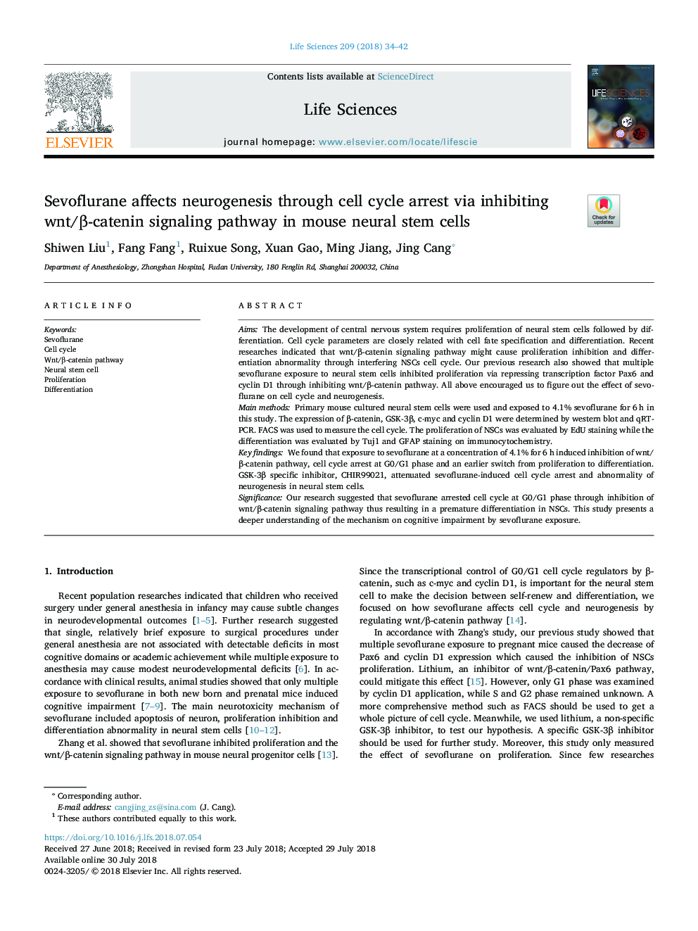 Sevoflurane affects neurogenesis through cell cycle arrest via inhibiting wnt/Î²-catenin signaling pathway in mouse neural stem cells