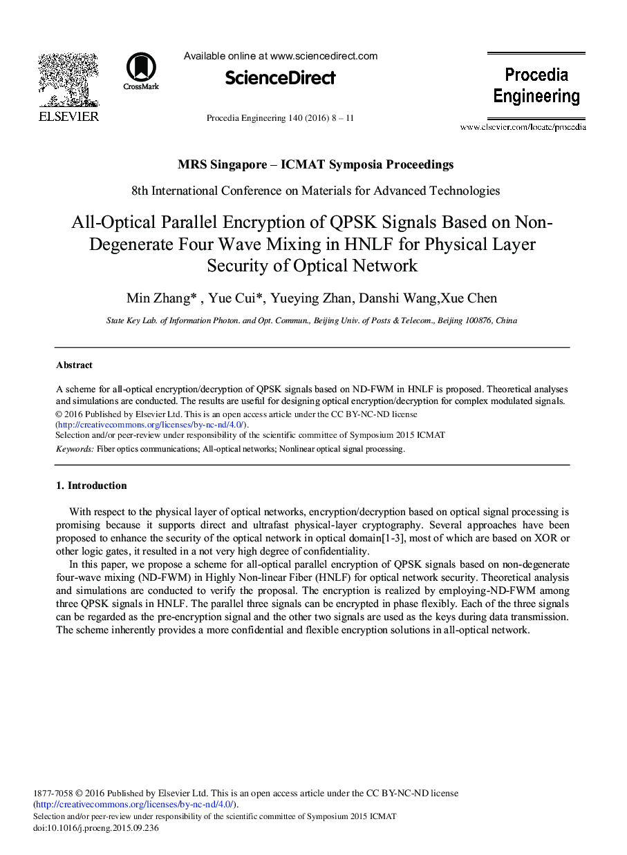 All-Optical Parallel Encryption of QPSK Signals Based on Non-Degenerate Four Wave Mixing in HNLF for Physical Layer Security of Optical Network 