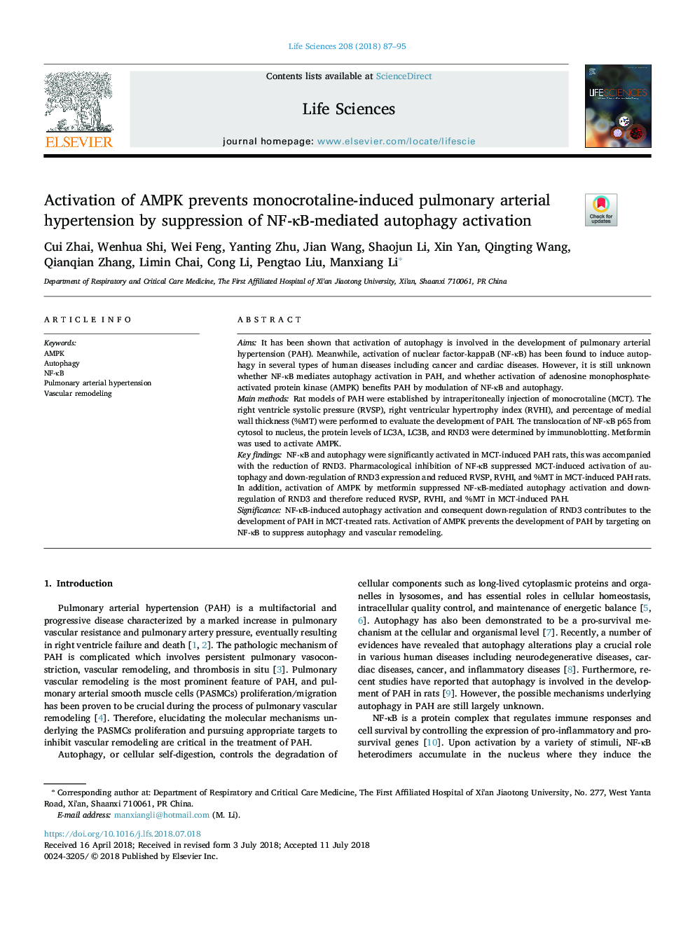 Activation of AMPK prevents monocrotaline-induced pulmonary arterial hypertension by suppression of NF-ÎºB-mediated autophagy activation