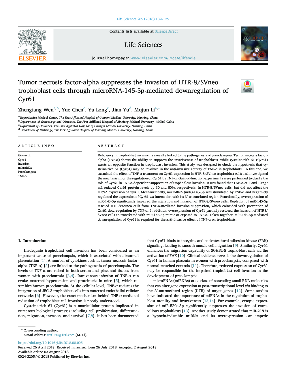 Tumor necrosis factor-alpha suppresses the invasion of HTR-8/SVneo trophoblast cells through microRNA-145-5p-mediated downregulation of Cyr61