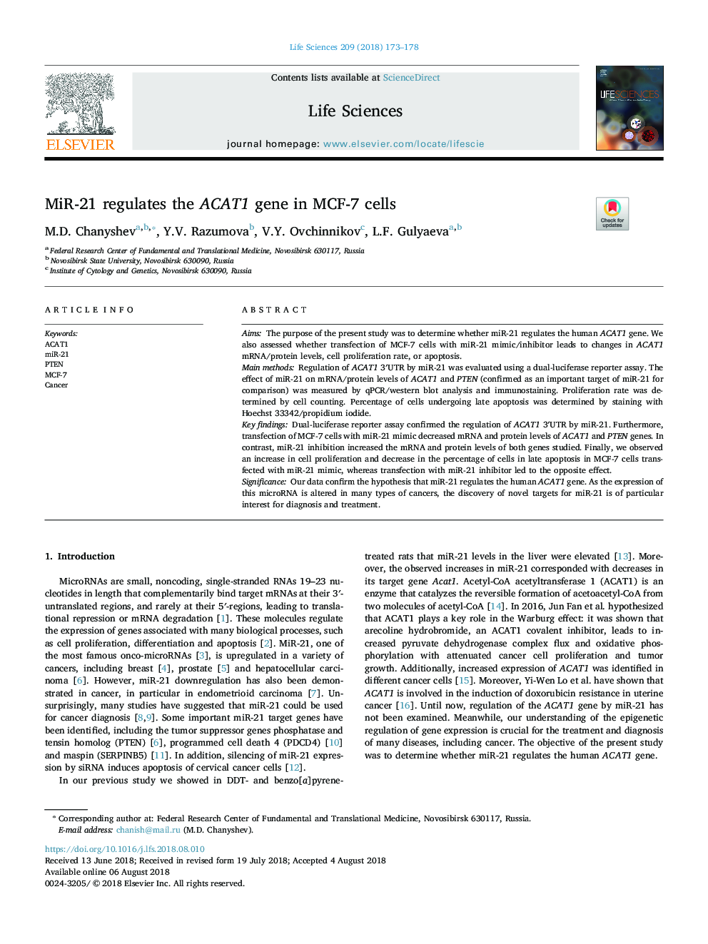 MiR-21 regulates the ACAT1 gene in MCF-7 cells