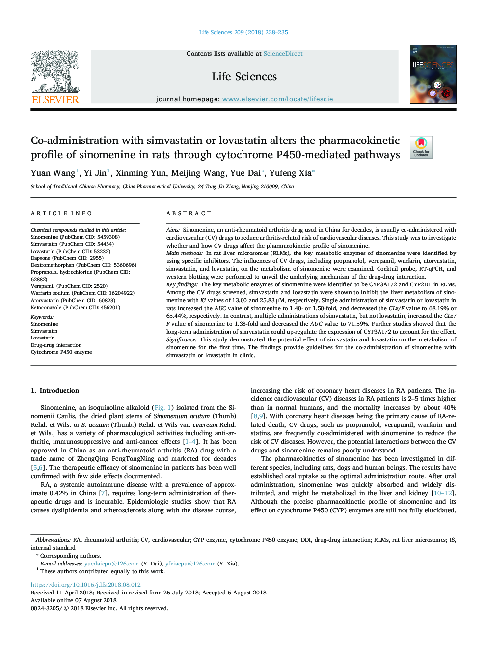 Co-administration with simvastatin or lovastatin alters the pharmacokinetic profile of sinomenine in rats through cytochrome P450-mediated pathways