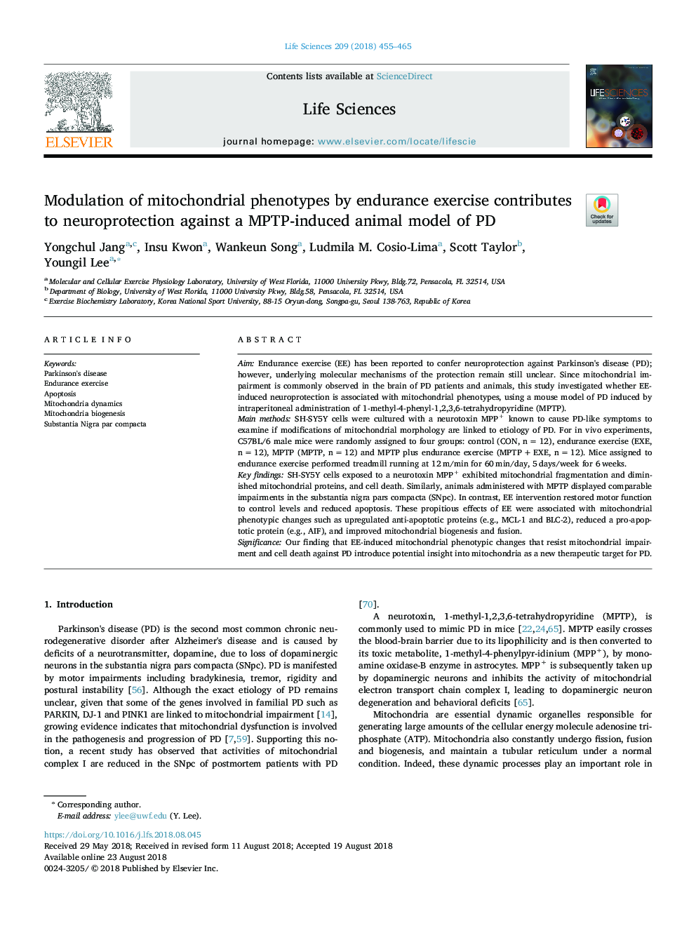 Modulation of mitochondrial phenotypes by endurance exercise contributes to neuroprotection against a MPTP-induced animal model of PD