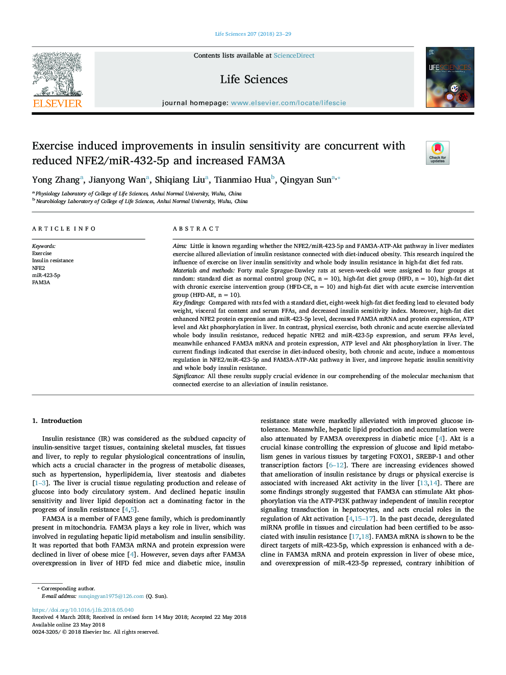 Exercise induced improvements in insulin sensitivity are concurrent with reduced NFE2/miR-432-5p and increased FAM3A