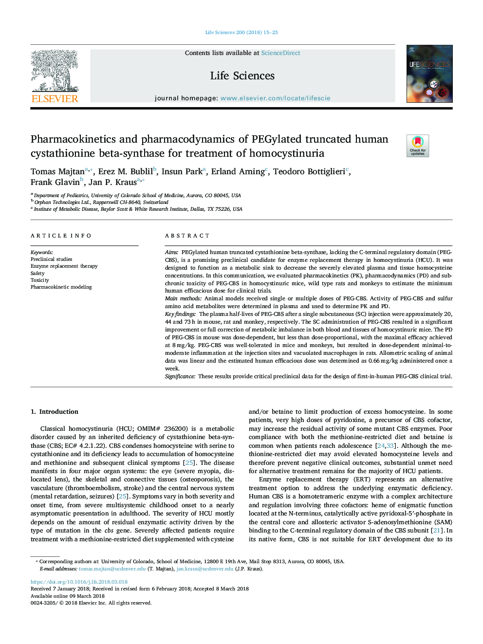 Pharmacokinetics and pharmacodynamics of PEGylated truncated human cystathionine beta-synthase for treatment of homocystinuria
