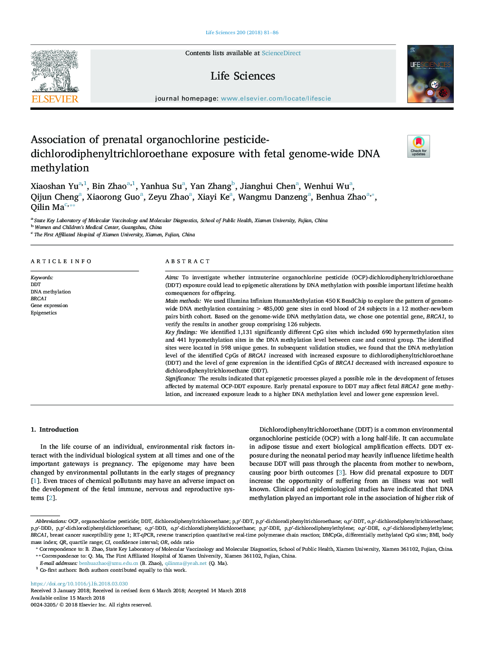 Association of prenatal organochlorine pesticide-dichlorodiphenyltrichloroethane exposure with fetal genome-wide DNA methylation